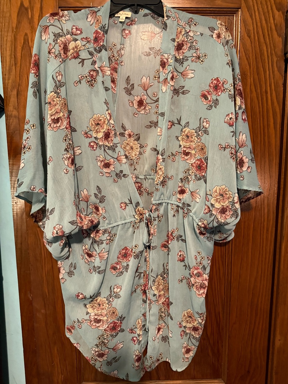 Lily White Dusty Blue Floral Tie-Front Tunic